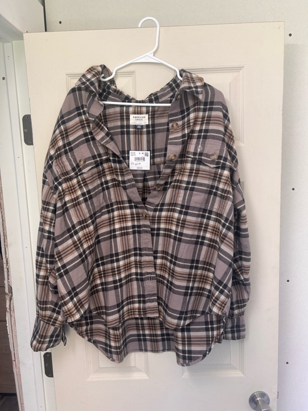 American Eagle Plaid Flannel Shirt - Taupe, Black & Cream